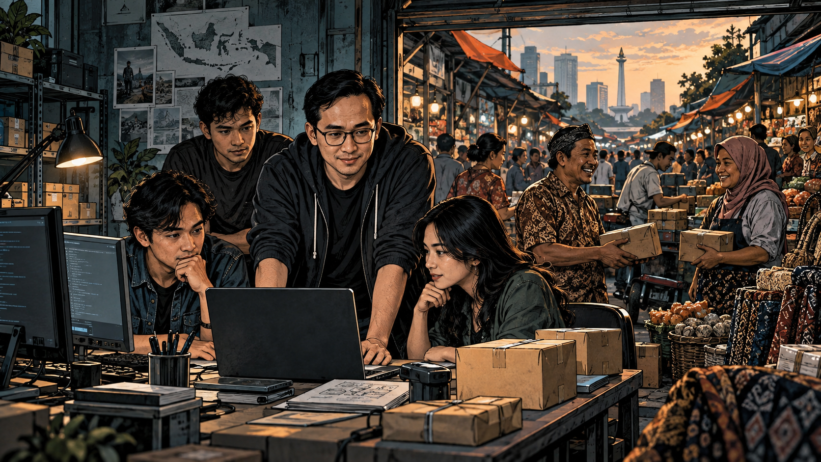 Achmad Zaky and a small engineering team launching an Indonesian marketplace beside rows of independent merchants