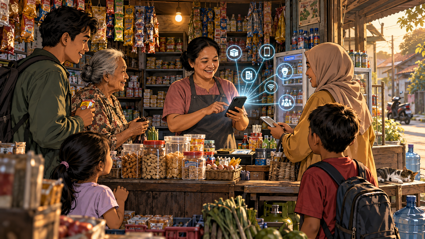 A neighborhood warung serving local customers while a phone connects inventory bills data packages and digital payments