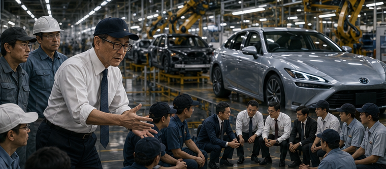 Akio Toyoda practicing hands-on leadership with factory teams