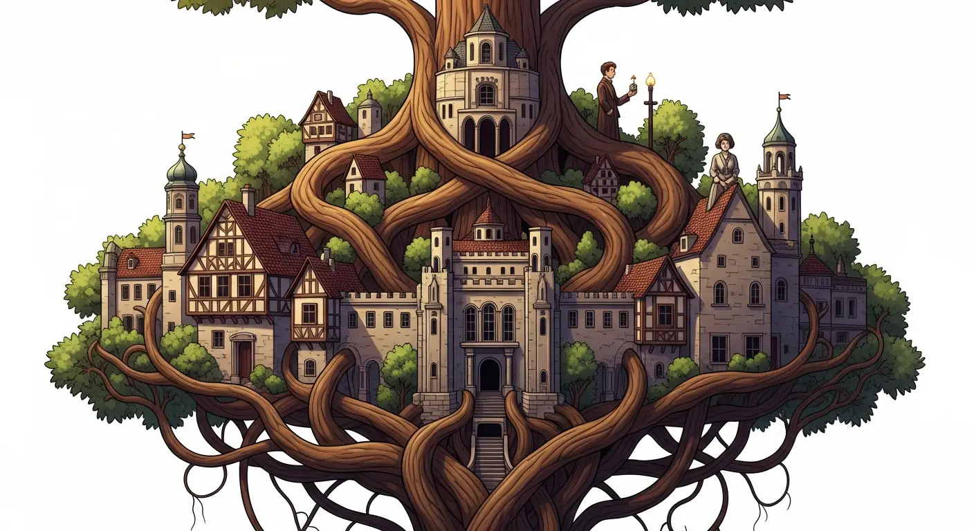 A stylized, abstract image of a family tree with intricate, almost fortress-like roots, emphasizing secrecy and control, with subtle German architectural elements.