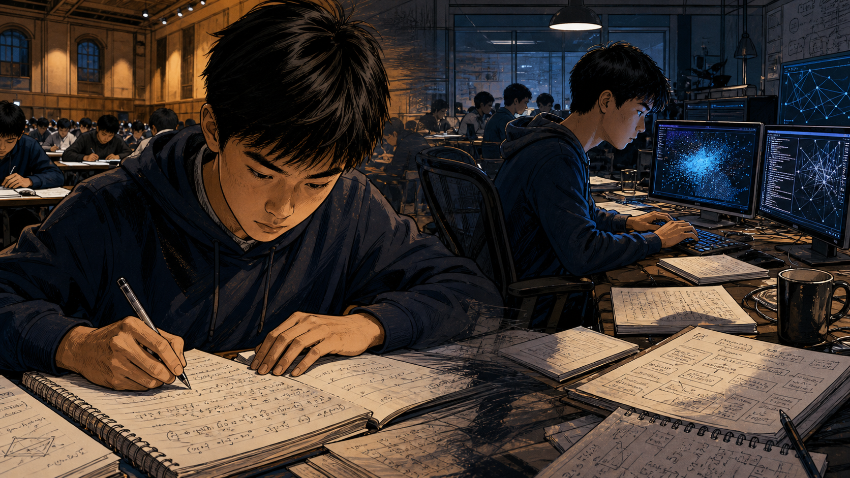 A teenage Alexandr Wang moving from mathematics competition notebooks into an early machine-learning startup workspace
