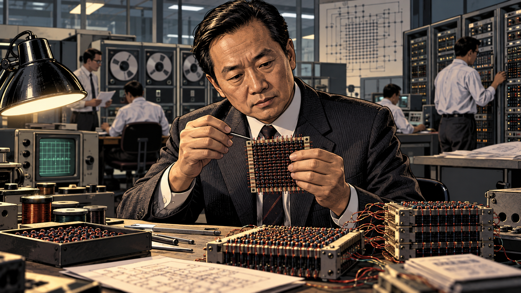 An Wang experiments with magnetic-core memory components in a mid-century laboratory as early computers loom in the background