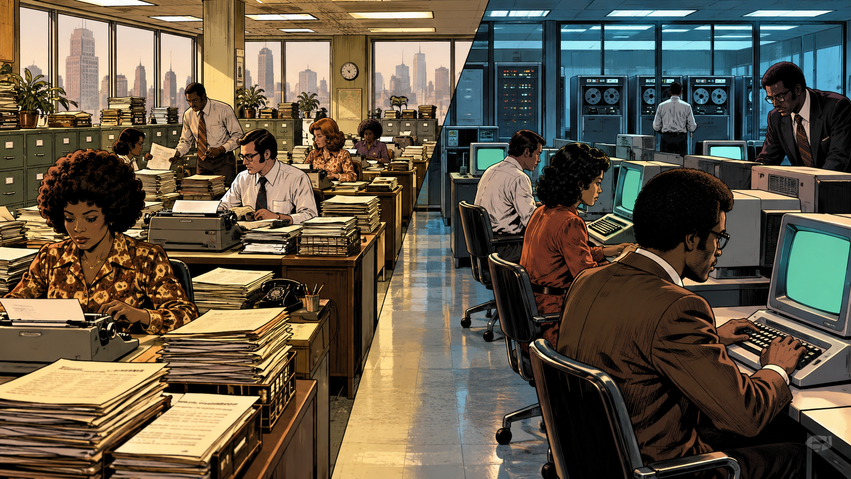 A busy 1970s office transforms from paper stacks into glowing word-processing terminals connected to a central system