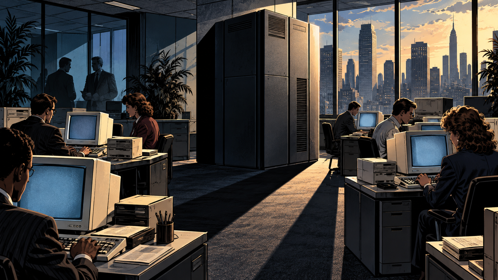 A proprietary office computer tower casts a long shadow as open personal computers spread across desks around it