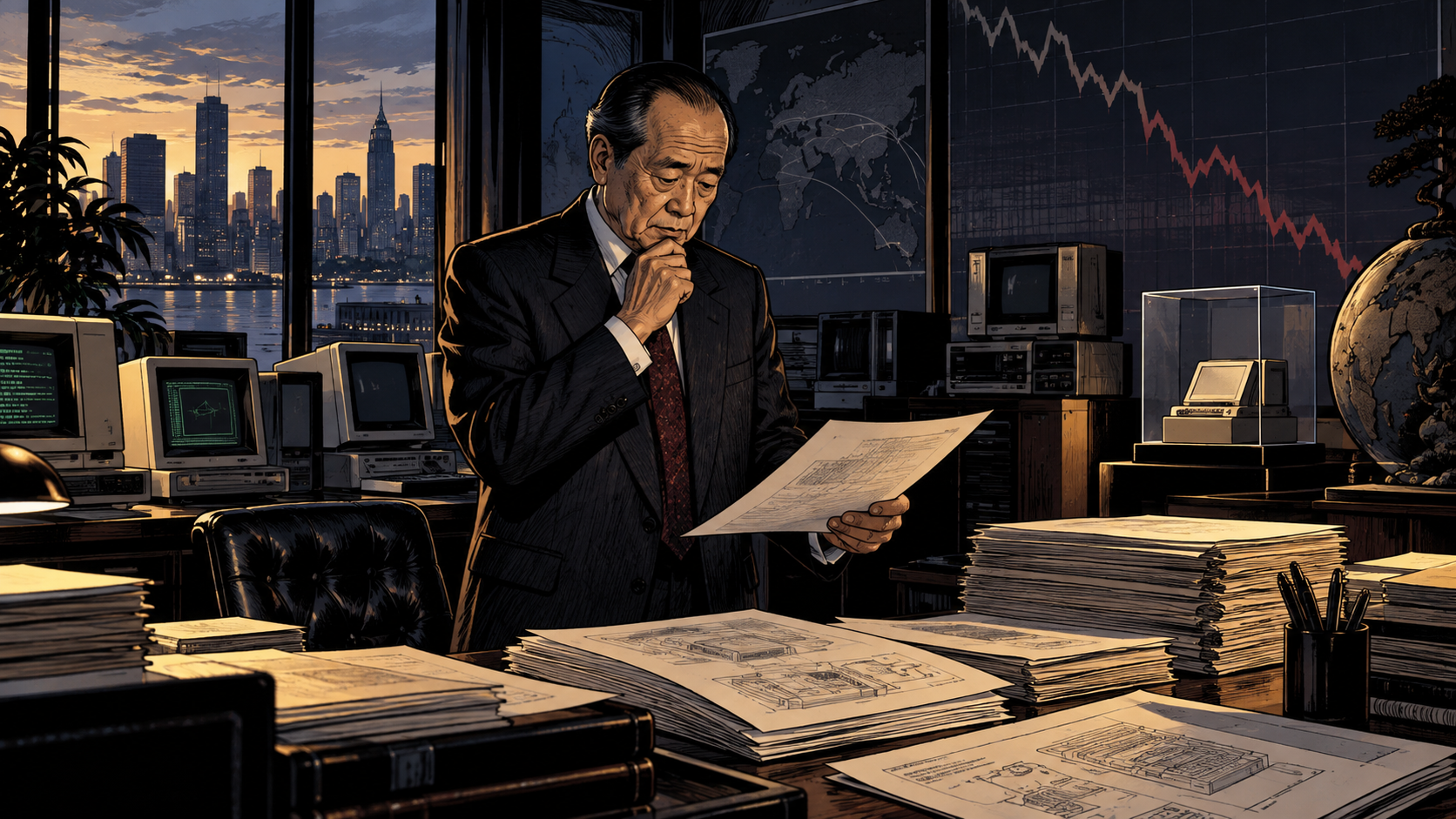 An aging technology founder looks over patents, office terminals, and a fading stock chart under cinematic light