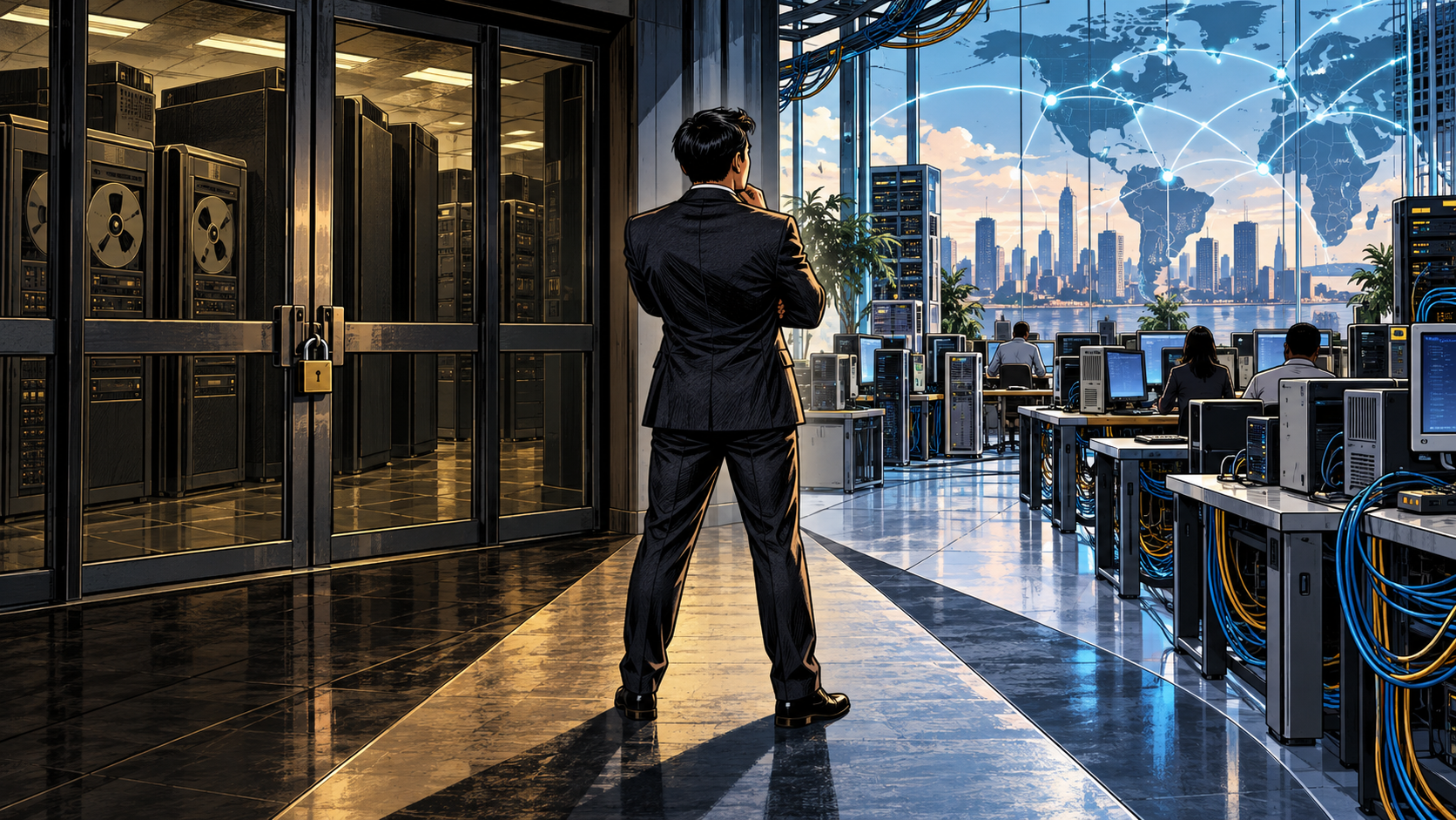 A modern founder stands at a crossroads between a closed machine room and an open network of interoperable computers