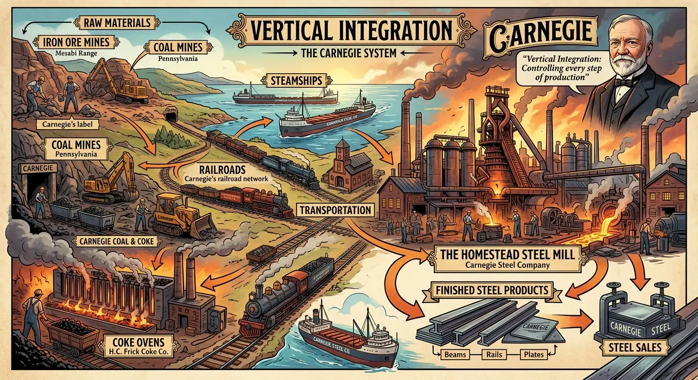 A complex, stylized infographic depicting the various components of vertical integration: iron ore mines, coal mines, coke ovens, railroads, steamships, and a large steel mill, all interconnected and leading to a finished steel product.