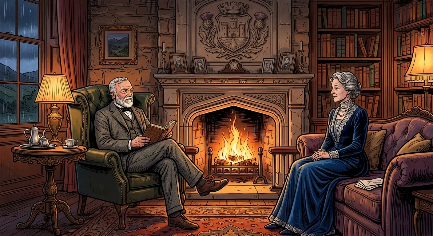 An intimate scene inside Skibo Castle in Scotland, with Andrew Carnegie, older and more relaxed, sitting by a fireplace, perhaps reading, with his wife Louise nearby, looking serene and elegant.