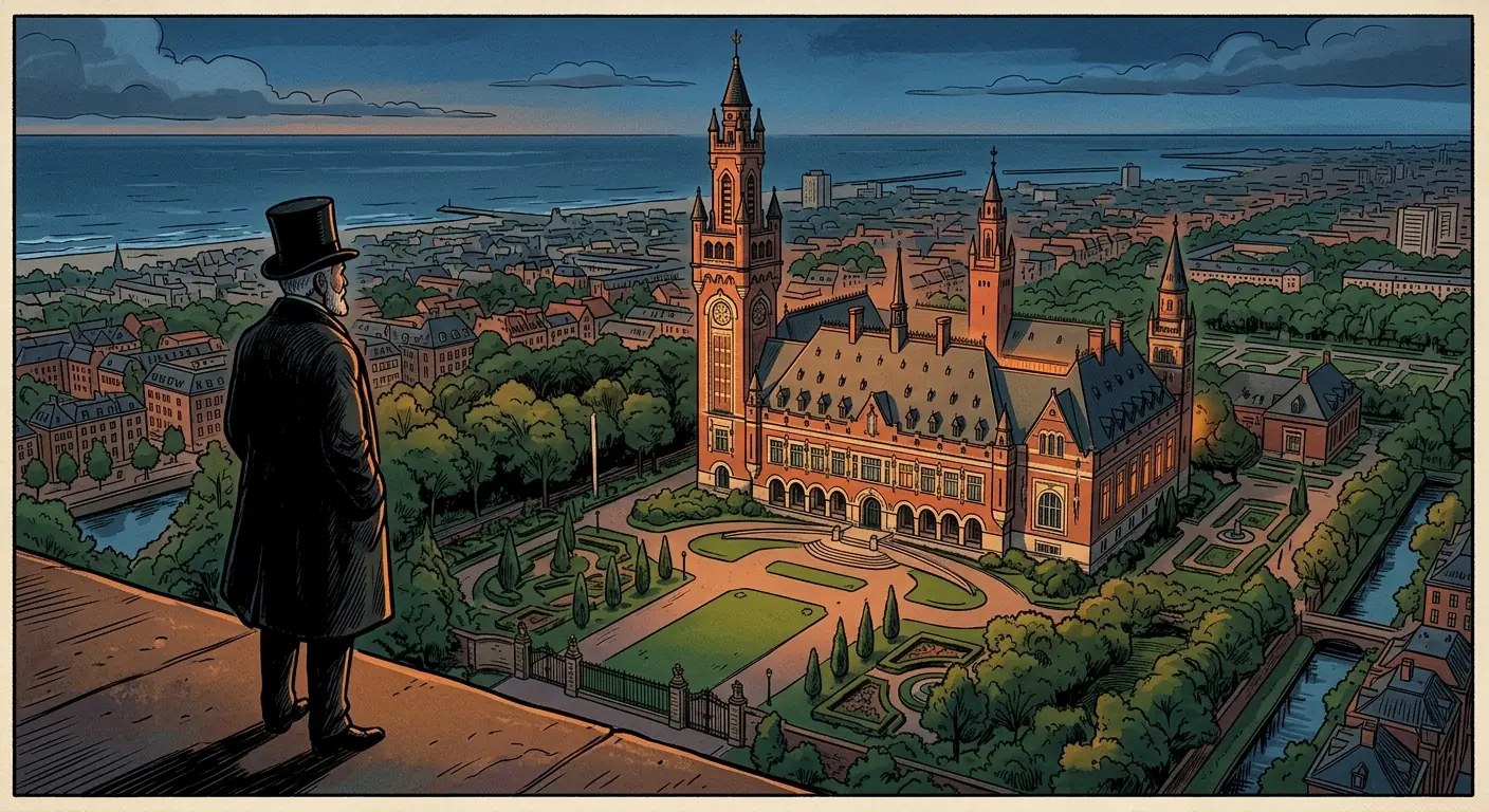 A serene aerial view of the Peace Palace in The Hague, Netherlands, with its distinctive tower, perhaps with a subtle glow, symbolizing hope and international cooperation, while a silhouette of Andrew Carnegie observes from a distance.