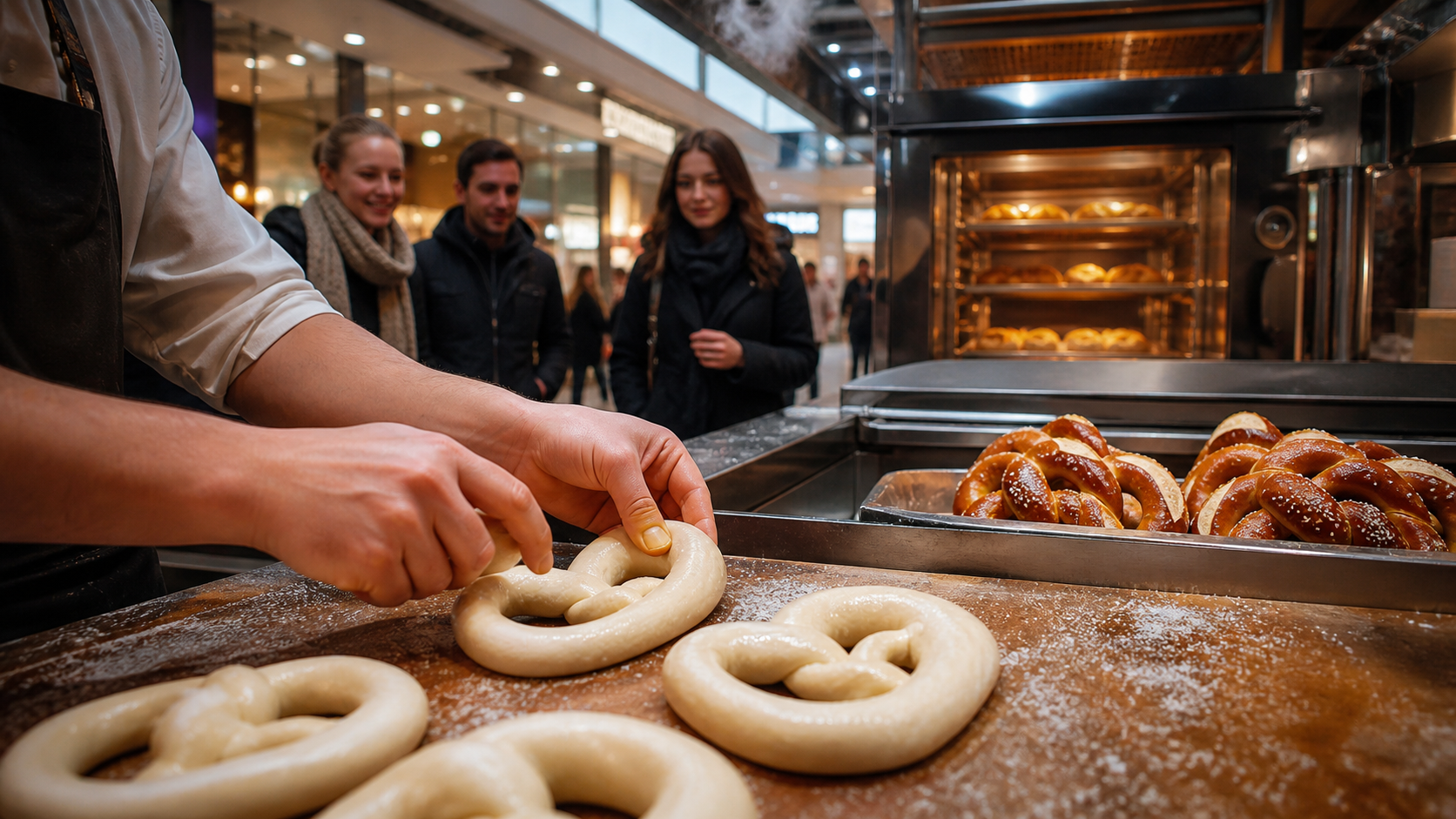 Fresh pretzels being rolled and baked in an open mall kiosk as aroma draws passing shoppers