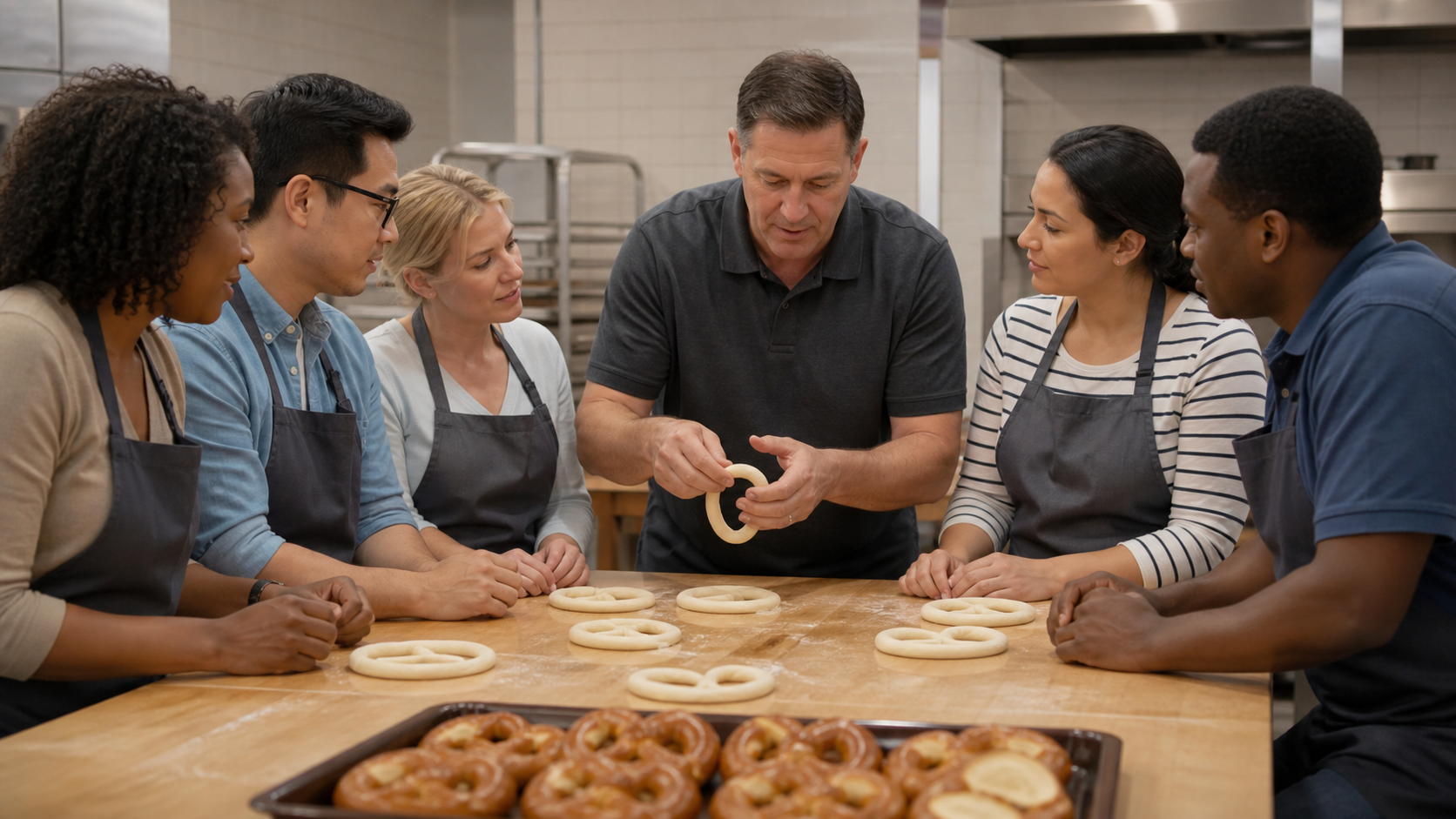 A franchise training table where operators learn the same pretzel twist, oven timing, and service routine