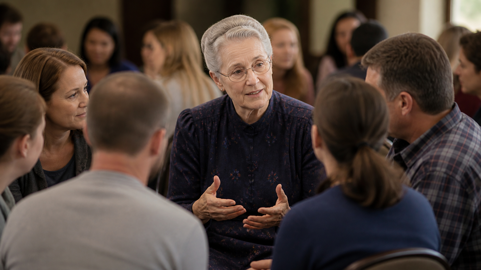 Anne Beiler speaking with employees and community members in a warm gathering centered on service and recovery