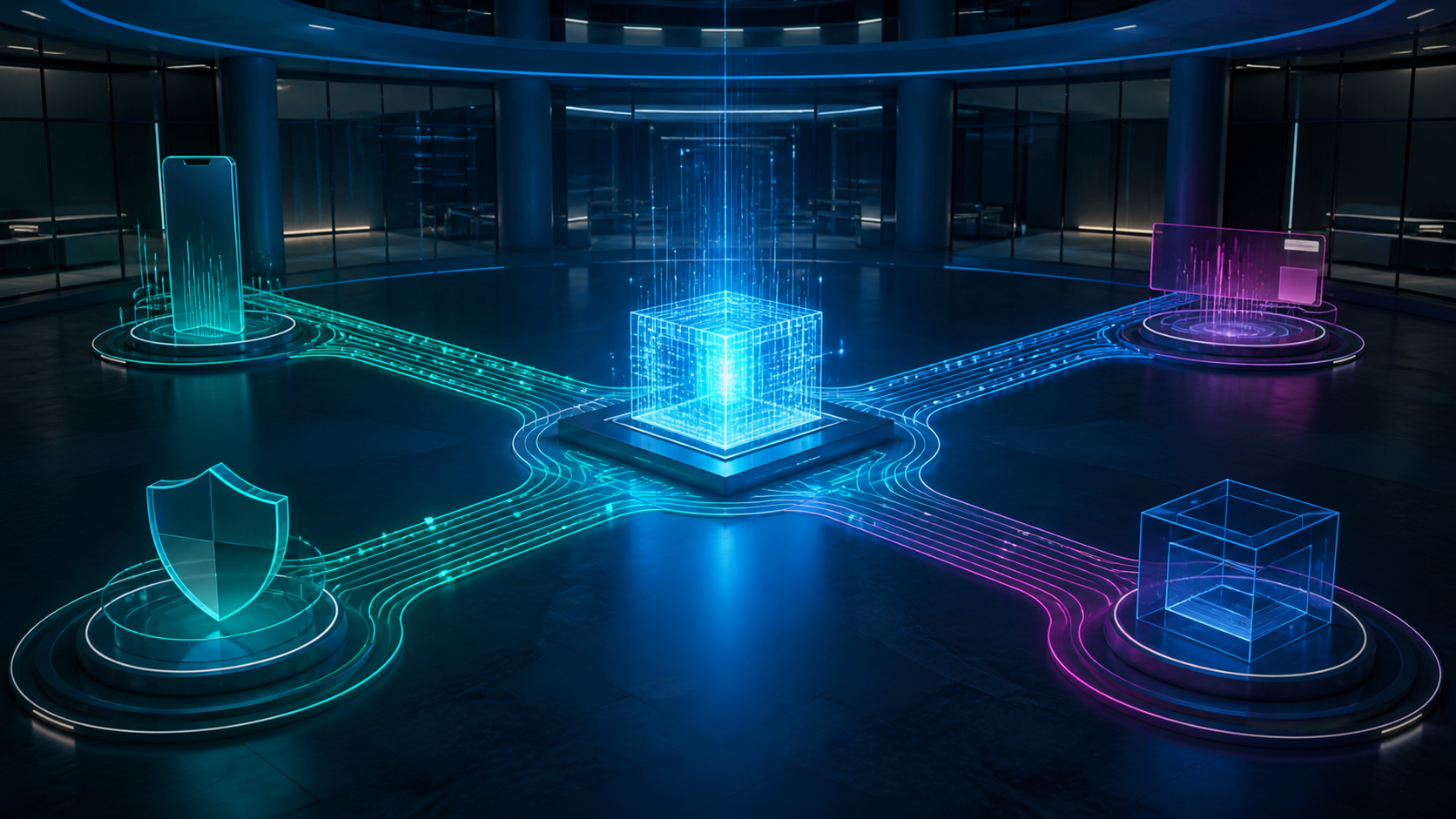 A modern banking control room connecting mobile accounts, payments, compliance, and real-time data through one clean software core