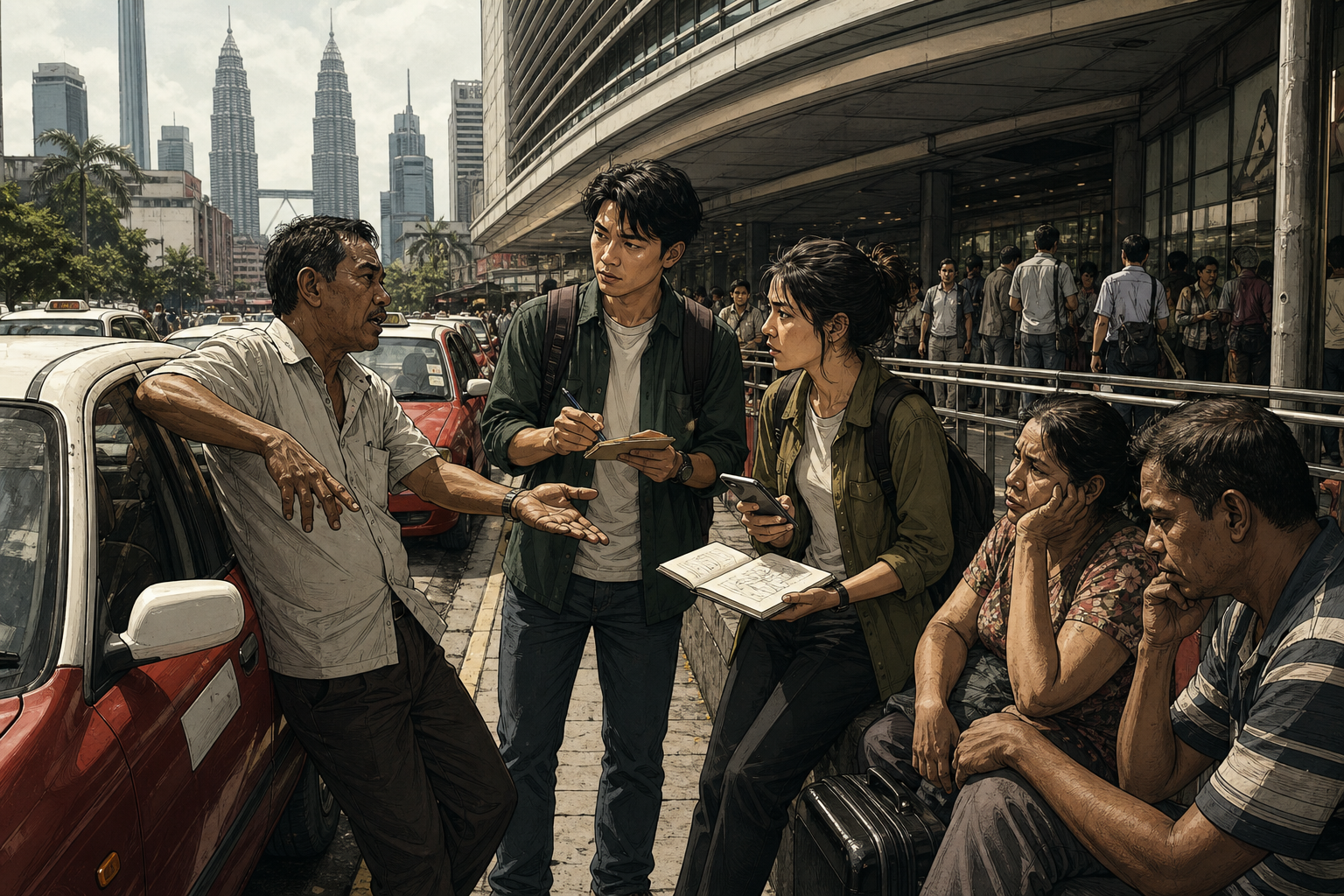 Anthony Tan and a classmate interviewing taxi drivers and passengers at a busy Kuala Lumpur transit hub