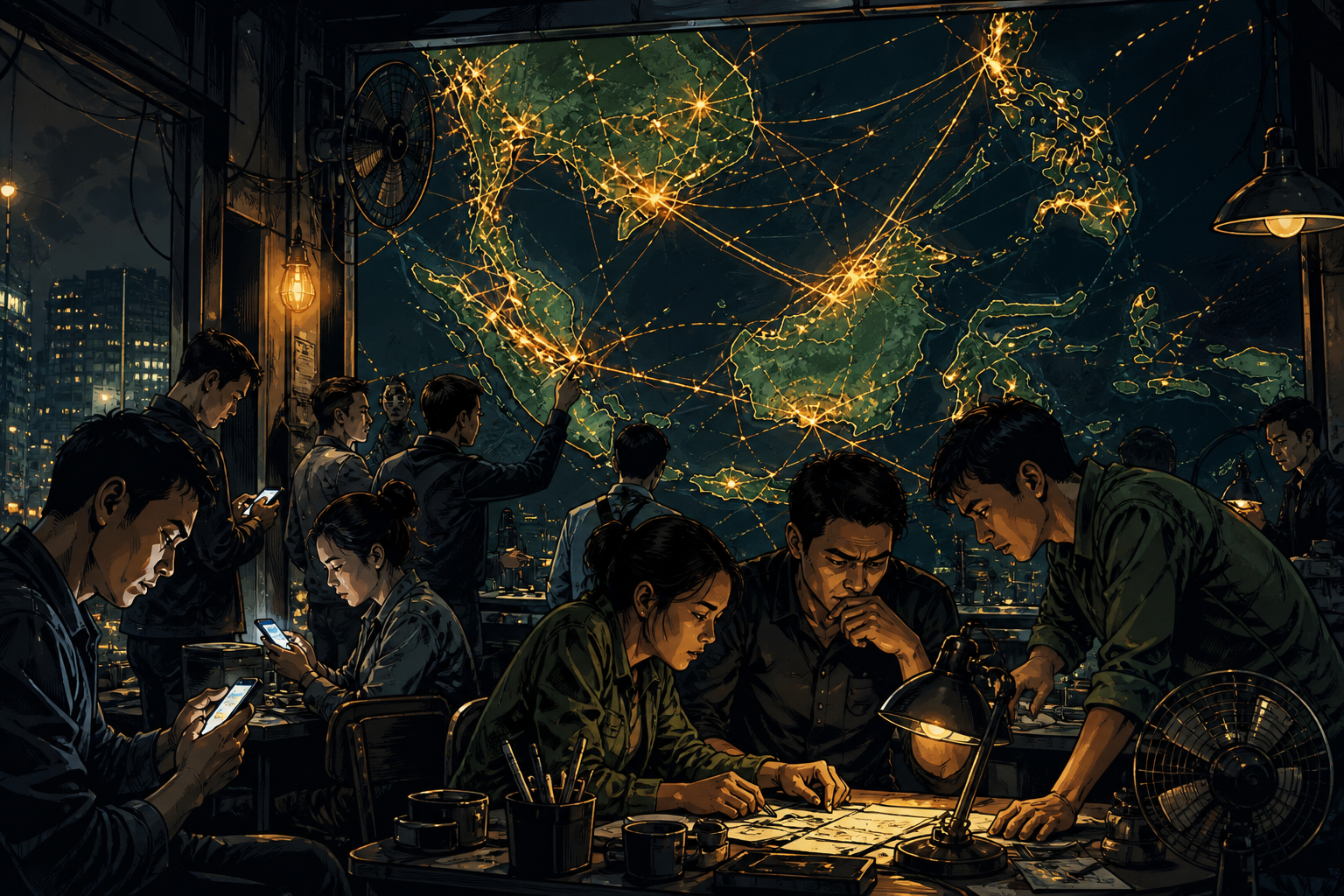 A regional startup operations team coordinating Grab's expansion across Southeast Asian cities at night