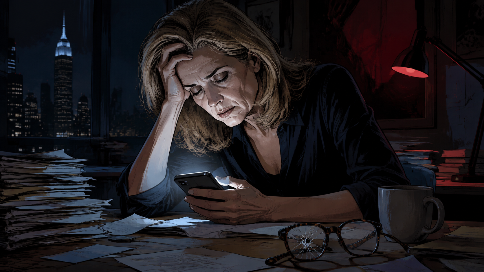 An exhausted Arianna Huffington at a late-night desk during the burnout turning point
