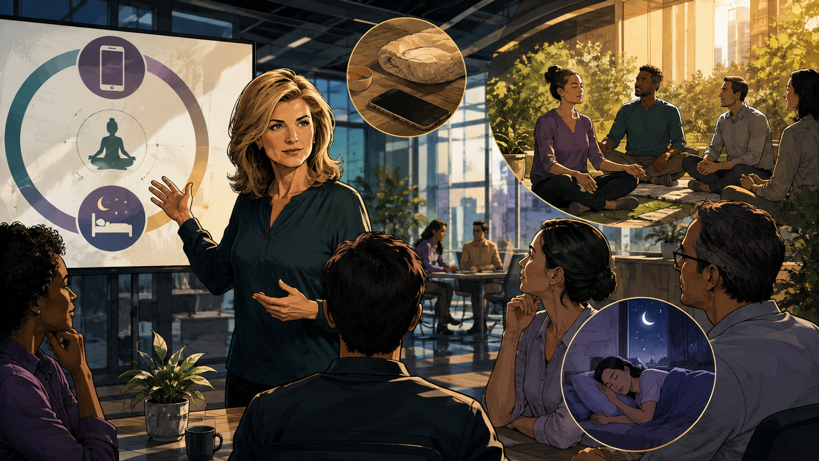 Arianna Huffington presenting practical behavior-change tools in a modern workplace