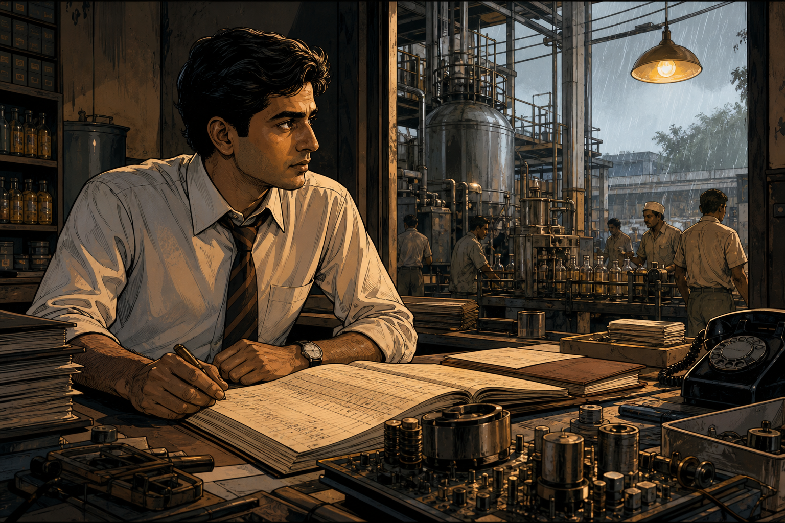 Young Azim Premji studying factory ledgers and electronic components as an Indian consumer-goods plant transforms toward technology