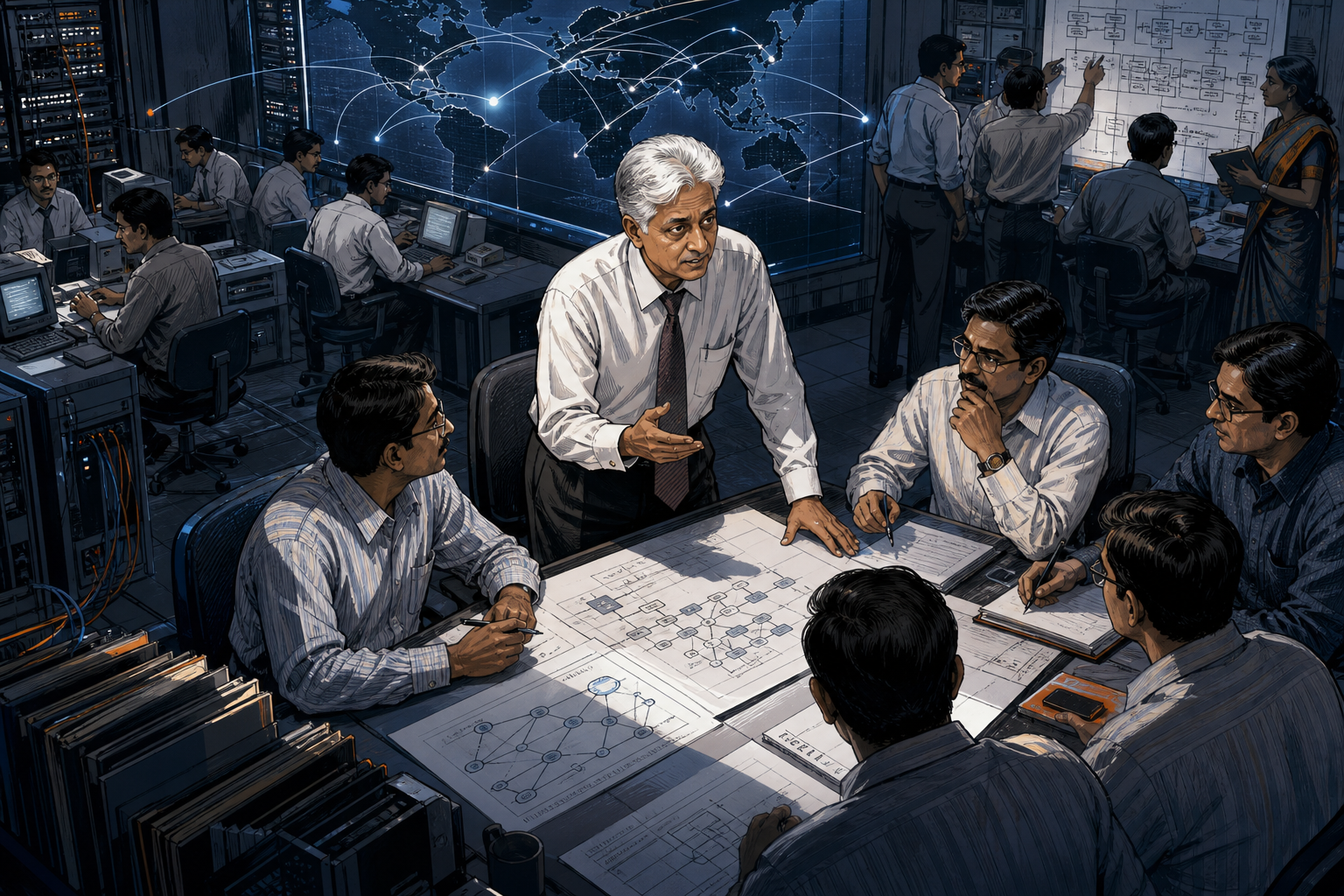 Premji leading a rigorous quality review with Indian software engineers and international network maps in a late twentieth-century operations room