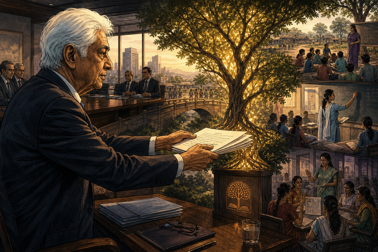 An older Azim Premji connecting Wipro ownership documents to teacher training classrooms and rural public schools across India