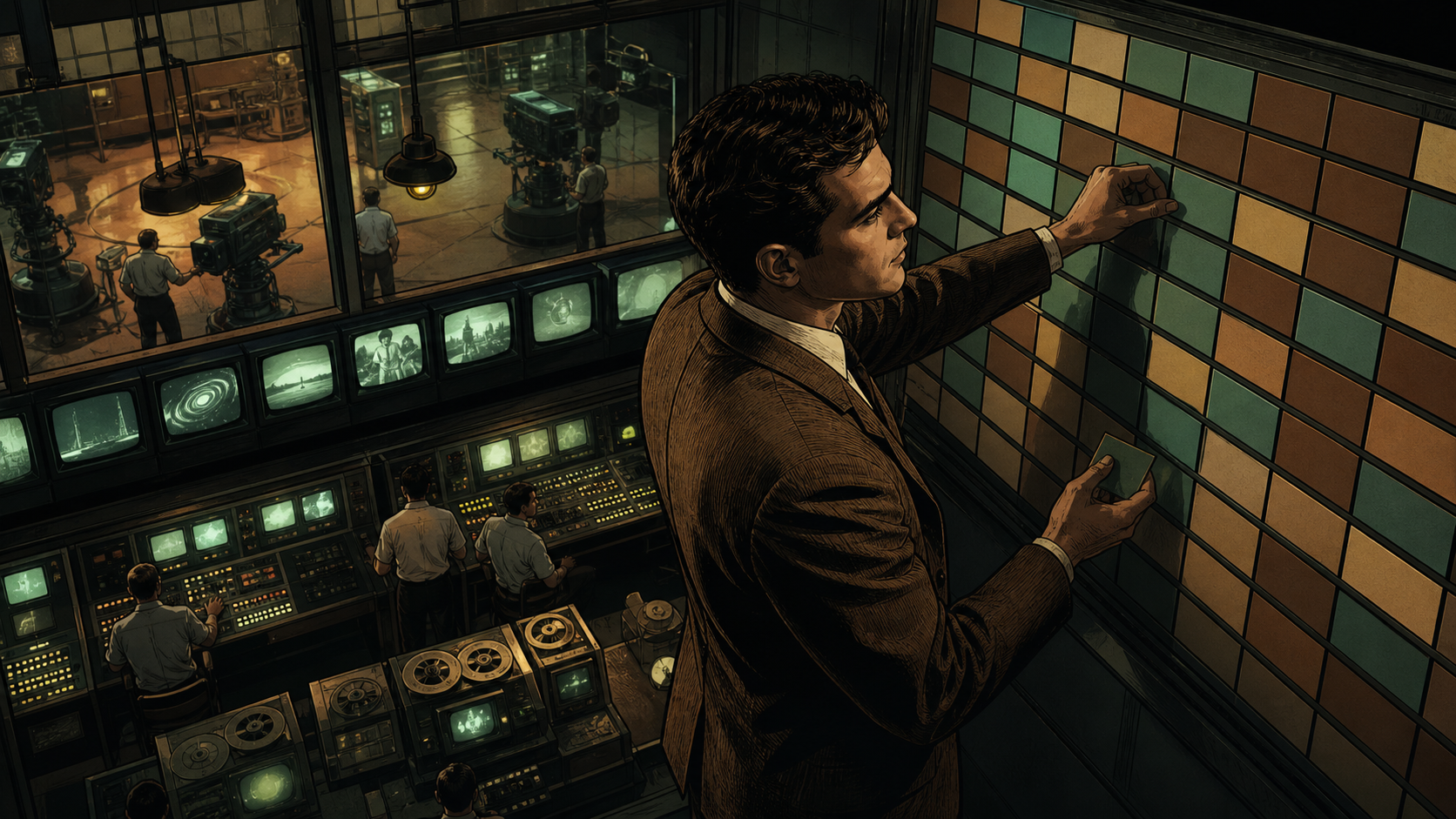 A young Barry Diller in a 1960s television control room arranging movie reels across a glowing broadcast schedule like a strategic chessboard