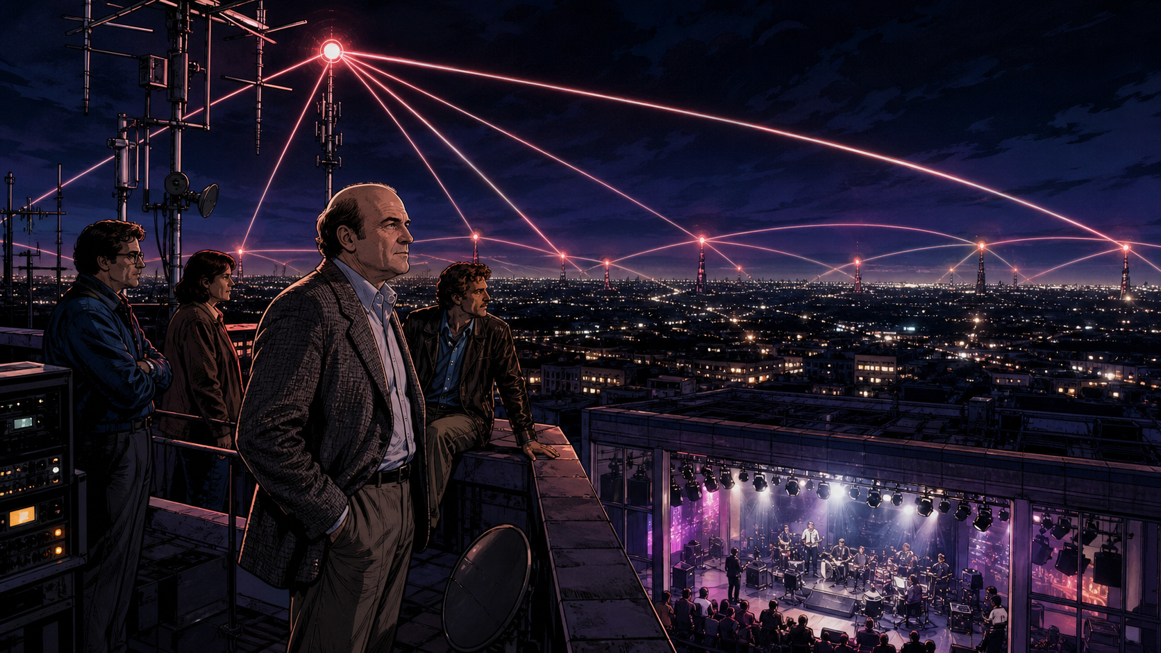 Barry Diller standing before a skeletal fourth television network as local stations, bold programs, and national advertisers connect into a new broadcast map