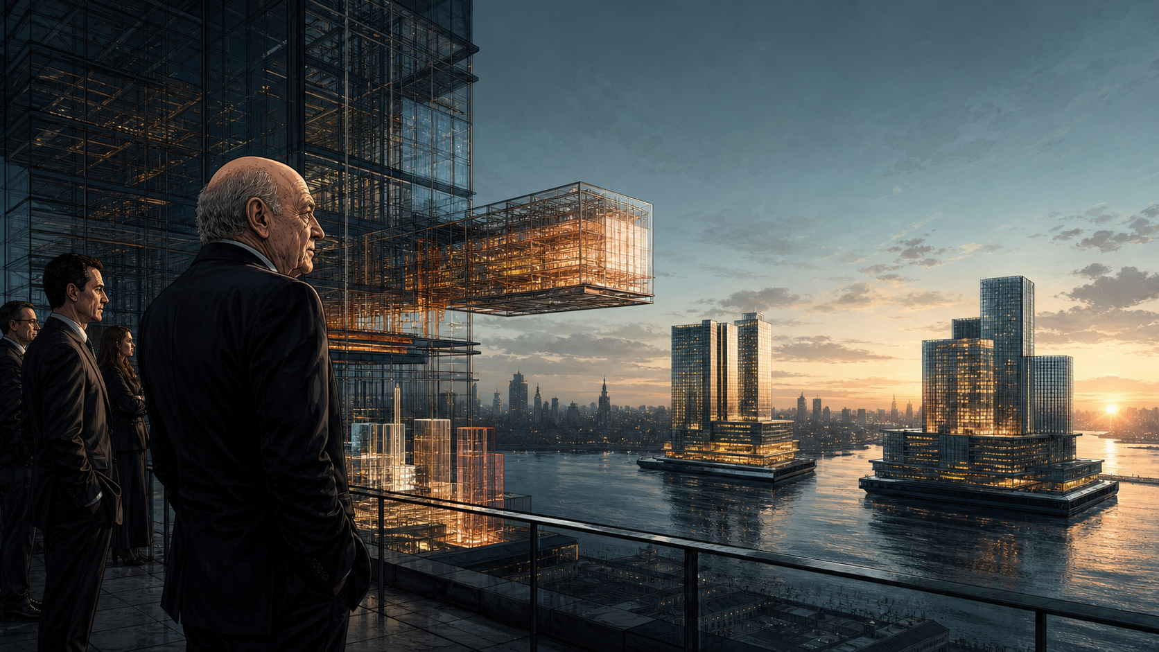 Barry Diller surveying a constellation of internet businesses that separate into independent companies while a new digital portfolio forms behind him