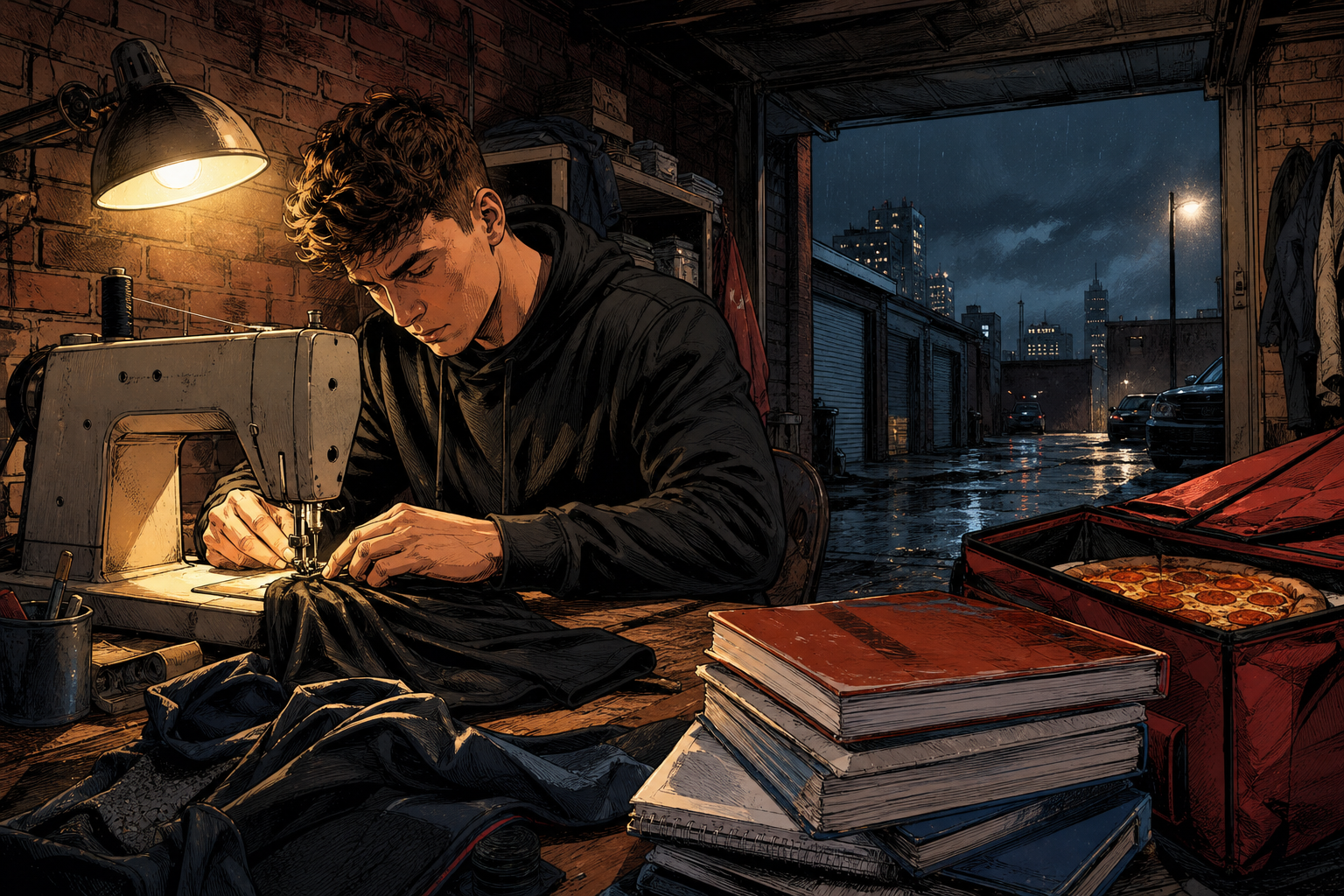 Ben Francis sewing early fitted gymwear in a cramped Birmingham garage after a late pizza-delivery shift