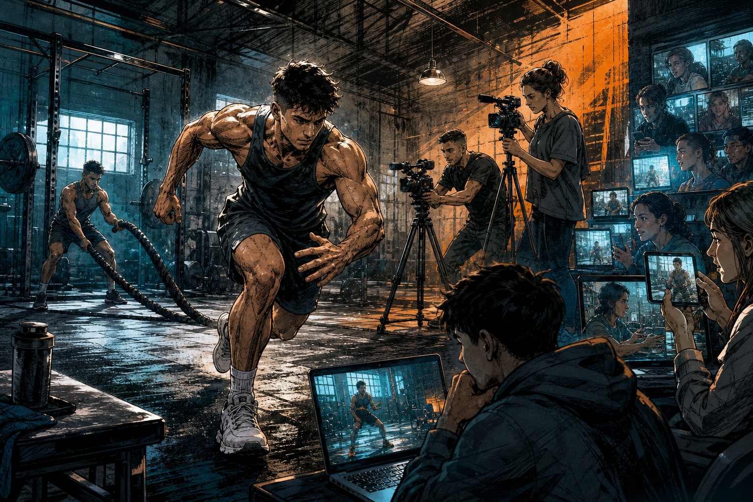 Early fitness creators filming workouts in Gymshark apparel as a dispersed online community begins to form