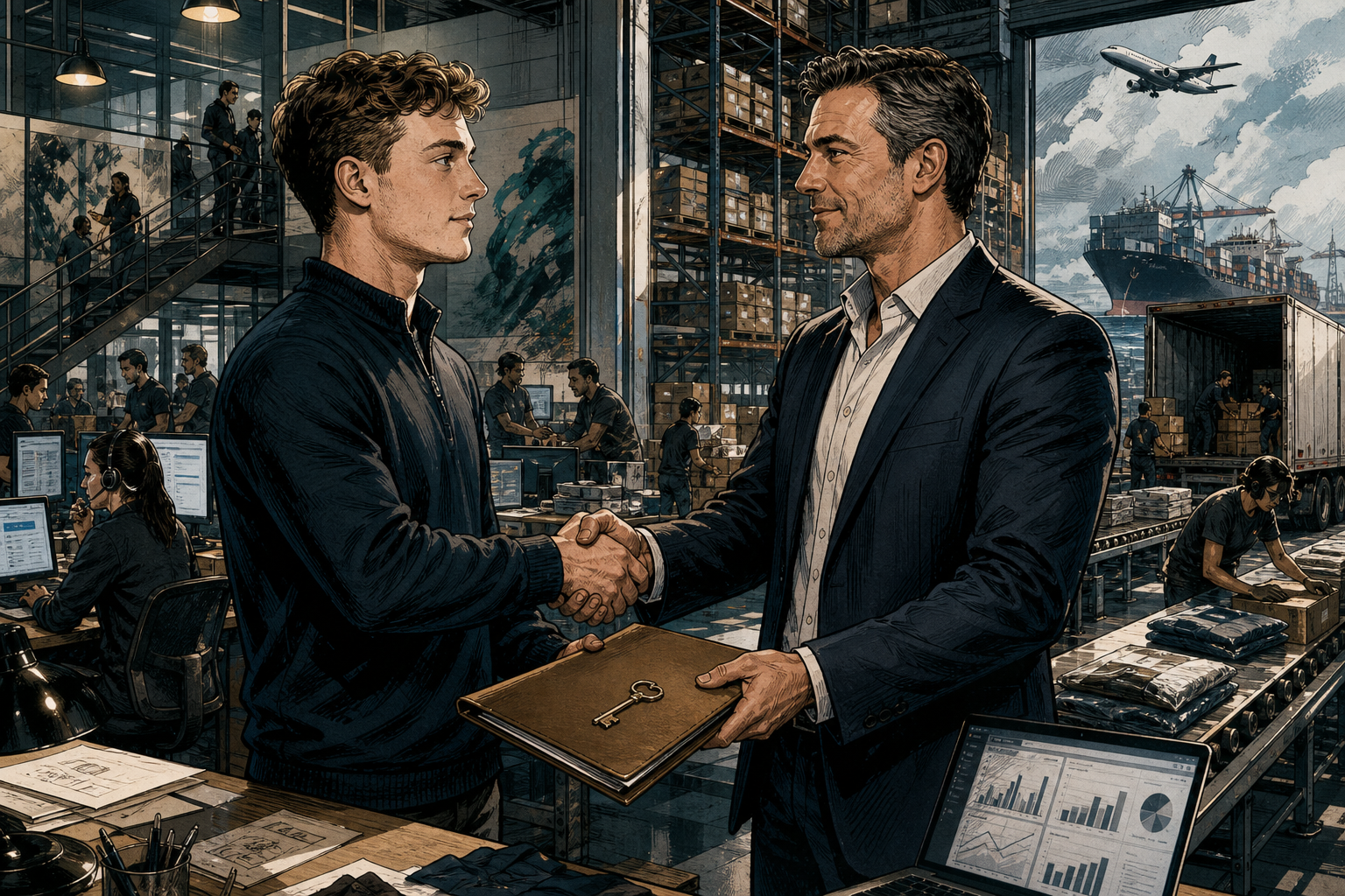 A young Ben Francis handing operational control to experienced executives while Gymshark warehouses and teams expand around him