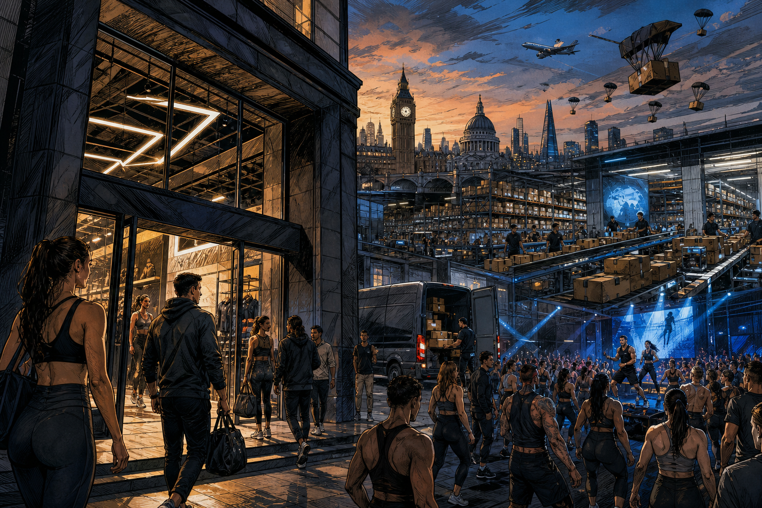 Gymshark evolving from limited online drops into a global operation with a London flagship, warehouses, and live fitness events