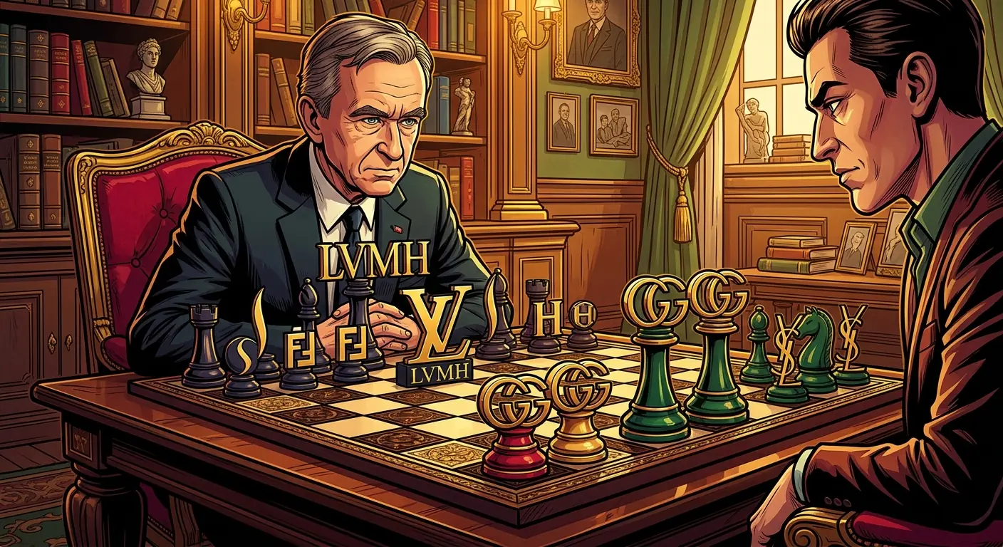 A chessboard with luxury brand logos as pieces, LVMH and Gucci prominently positioned