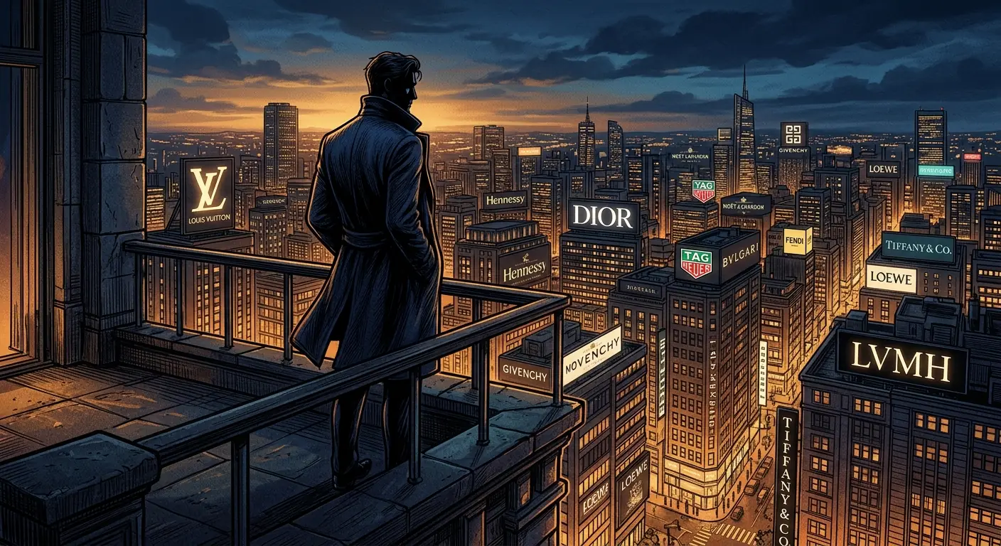 A shadowy figure in a cashmere coat, overlooking a dimly lit cityscape with brand logos