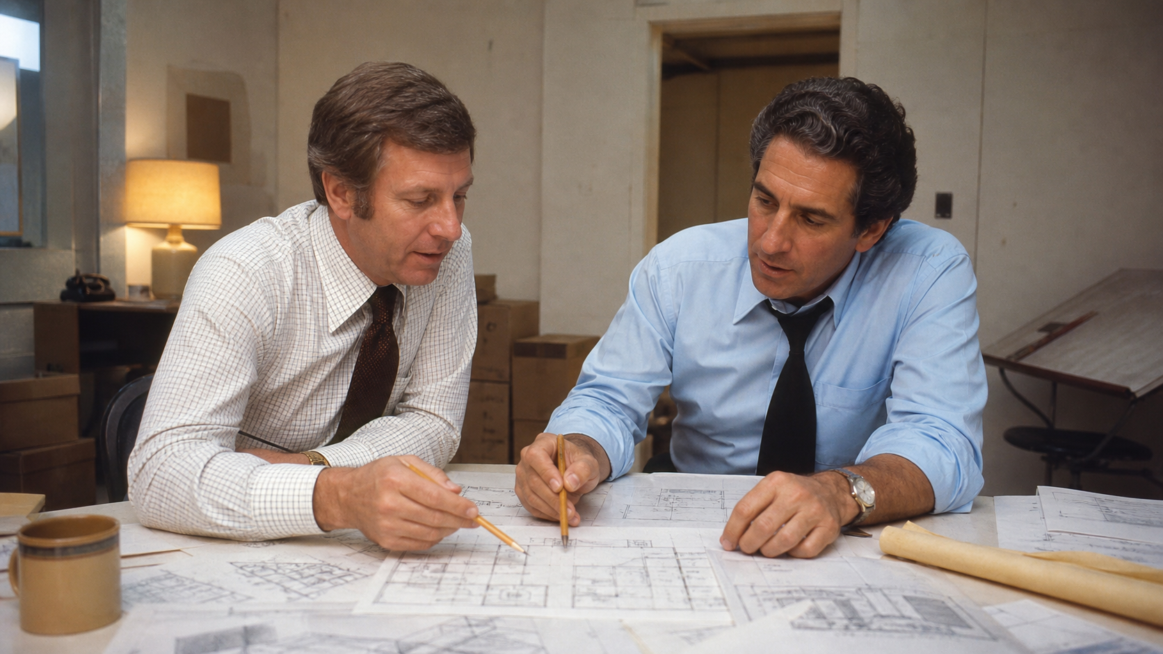 Bernard Marcus and Arthur Blank sketching the first Home Depot warehouse concept after losing their jobs