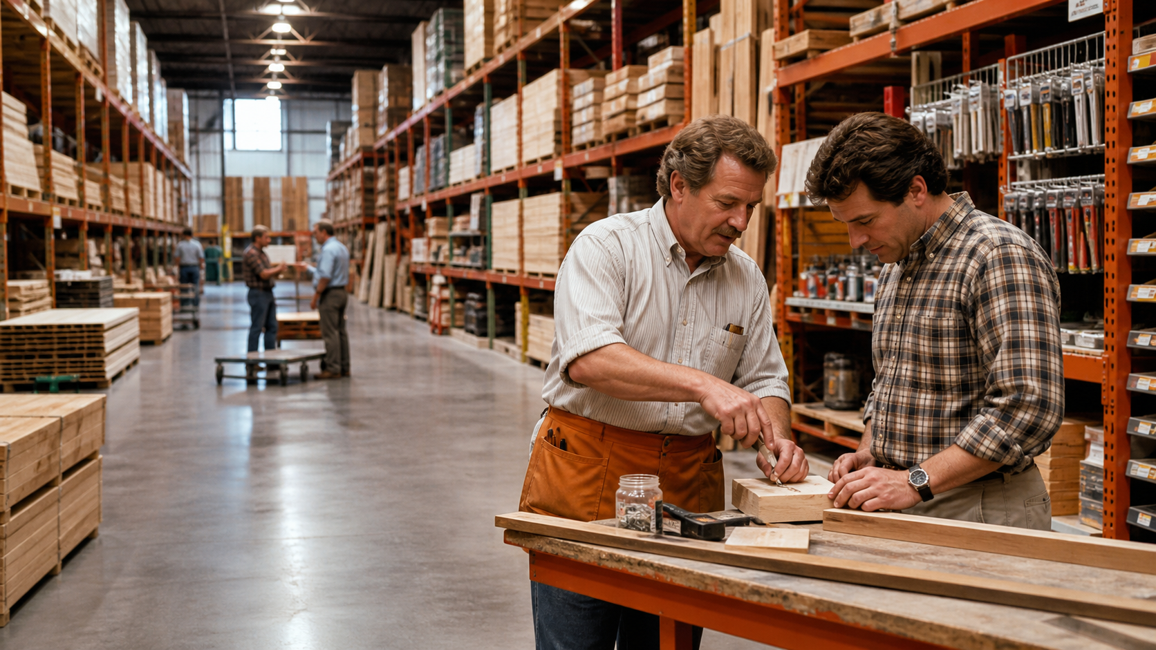 A vast early Home Depot aisle combining warehouse-scale inventory with an employee teaching a homeowner
