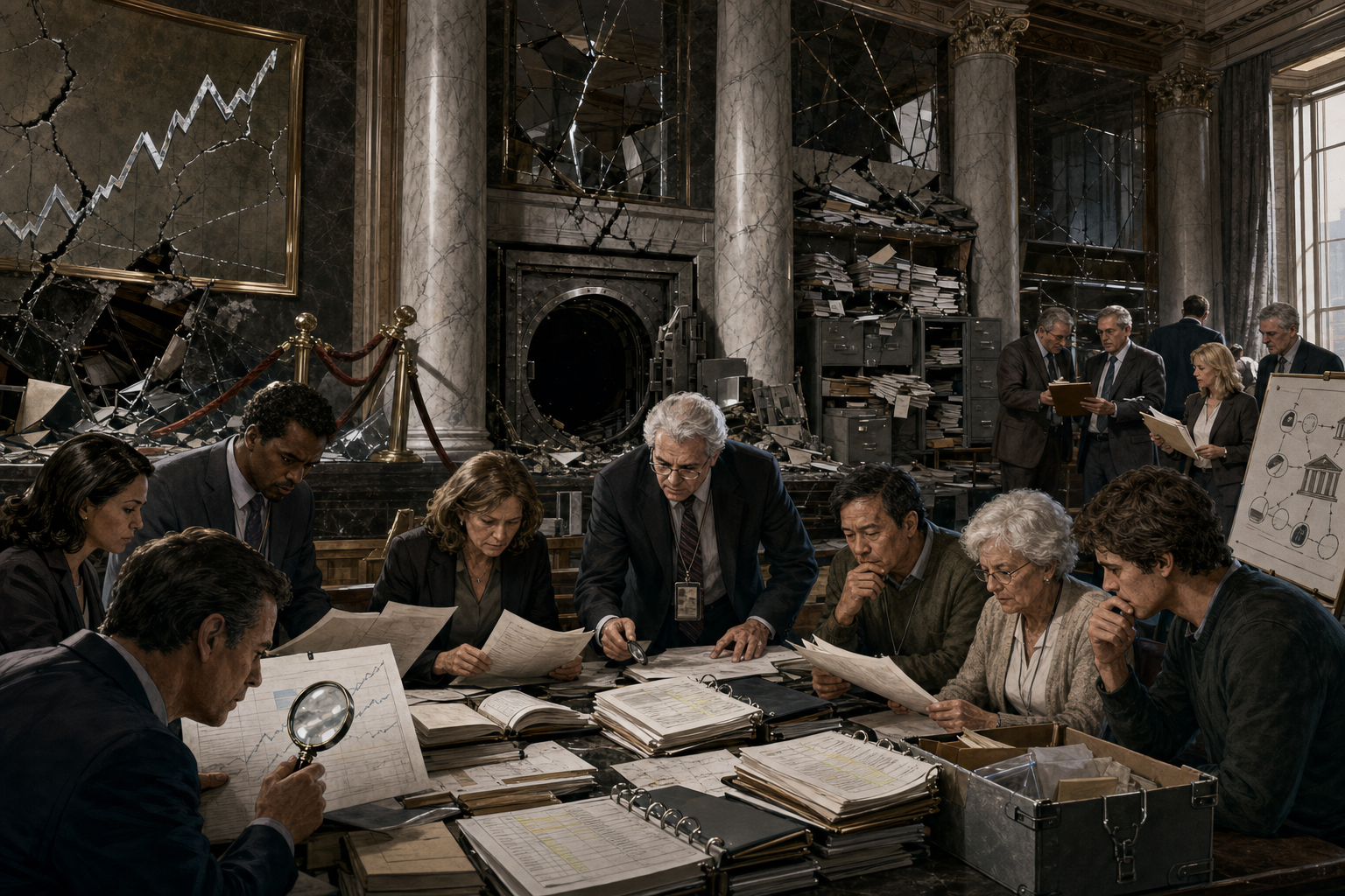 Investigators and victims examining evidence behind a shattered facade of financial prestige
