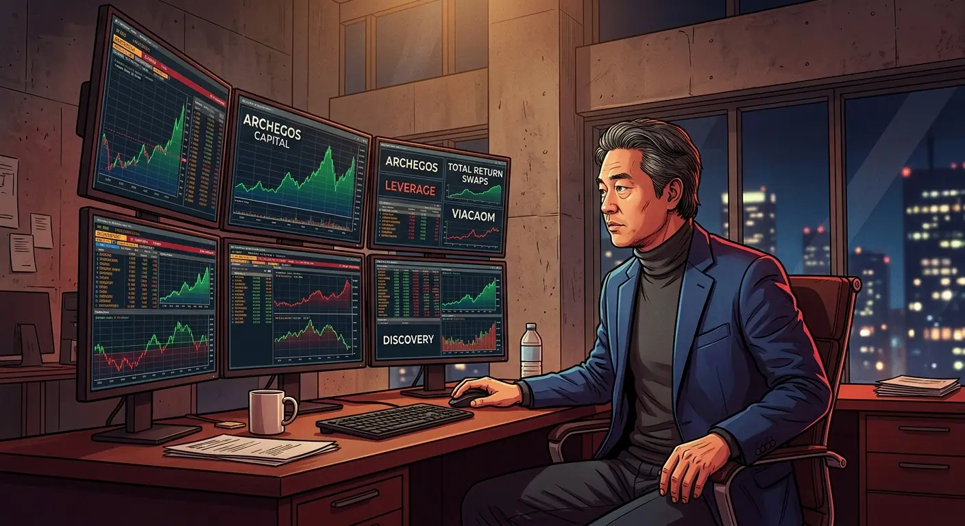 Bill Hwang quietly building his empire, intensely focused on multiple computer screens in a minimalist office