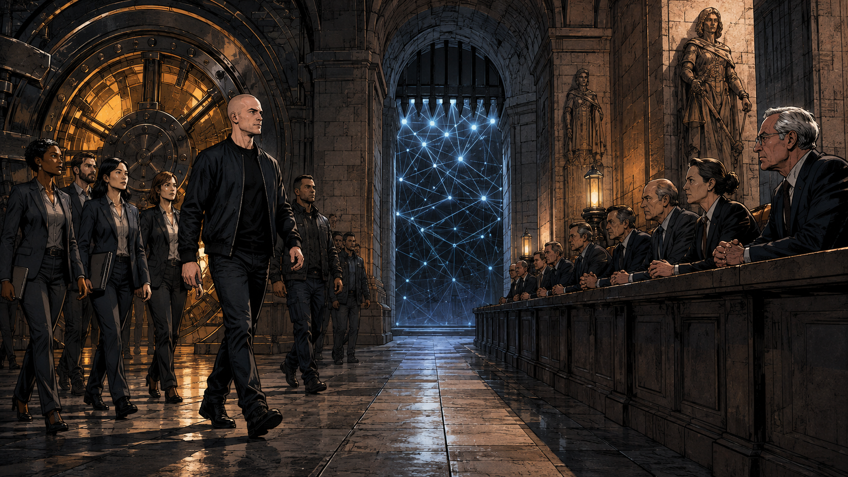 Brian Armstrong crossing a monumental regulatory chamber with compliance files on one side and fast-moving crypto markets on the other