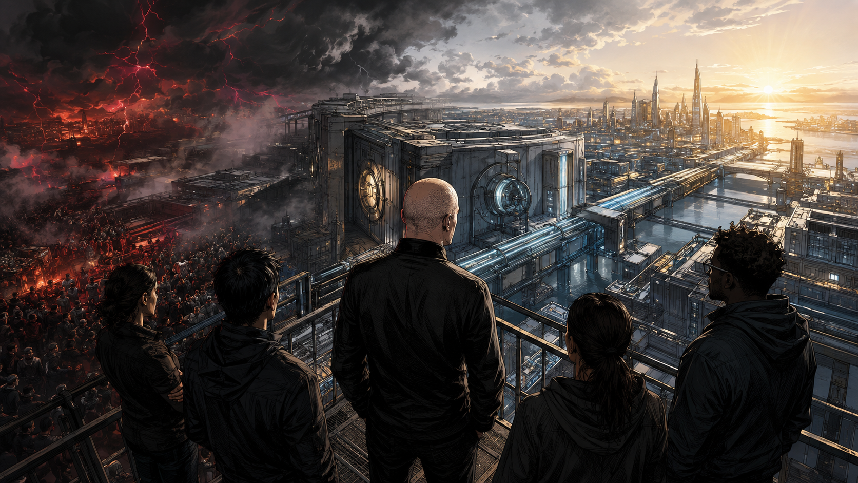 Brian Armstrong overlooking a mature financial infrastructure of custody vaults, payment rails, subscriptions, and blockchain applications beyond a volatile trading floor