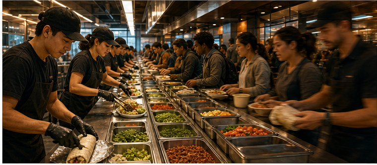 A coordinated restaurant service line moving a lunch rush efficiently