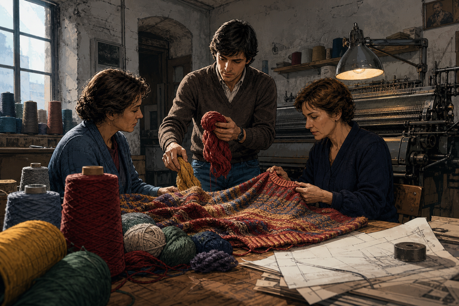 Brunello Cucinelli examining brightly dyed cashmere yarn in a modest Umbrian workshop