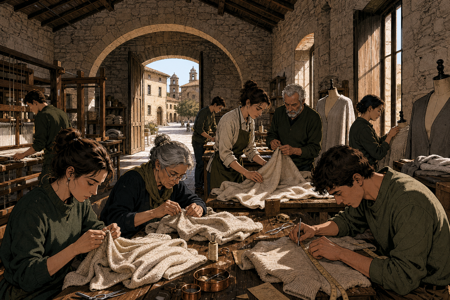 Artisans and apprentices working inside a restored stone workshop in the hill village of Solomeo