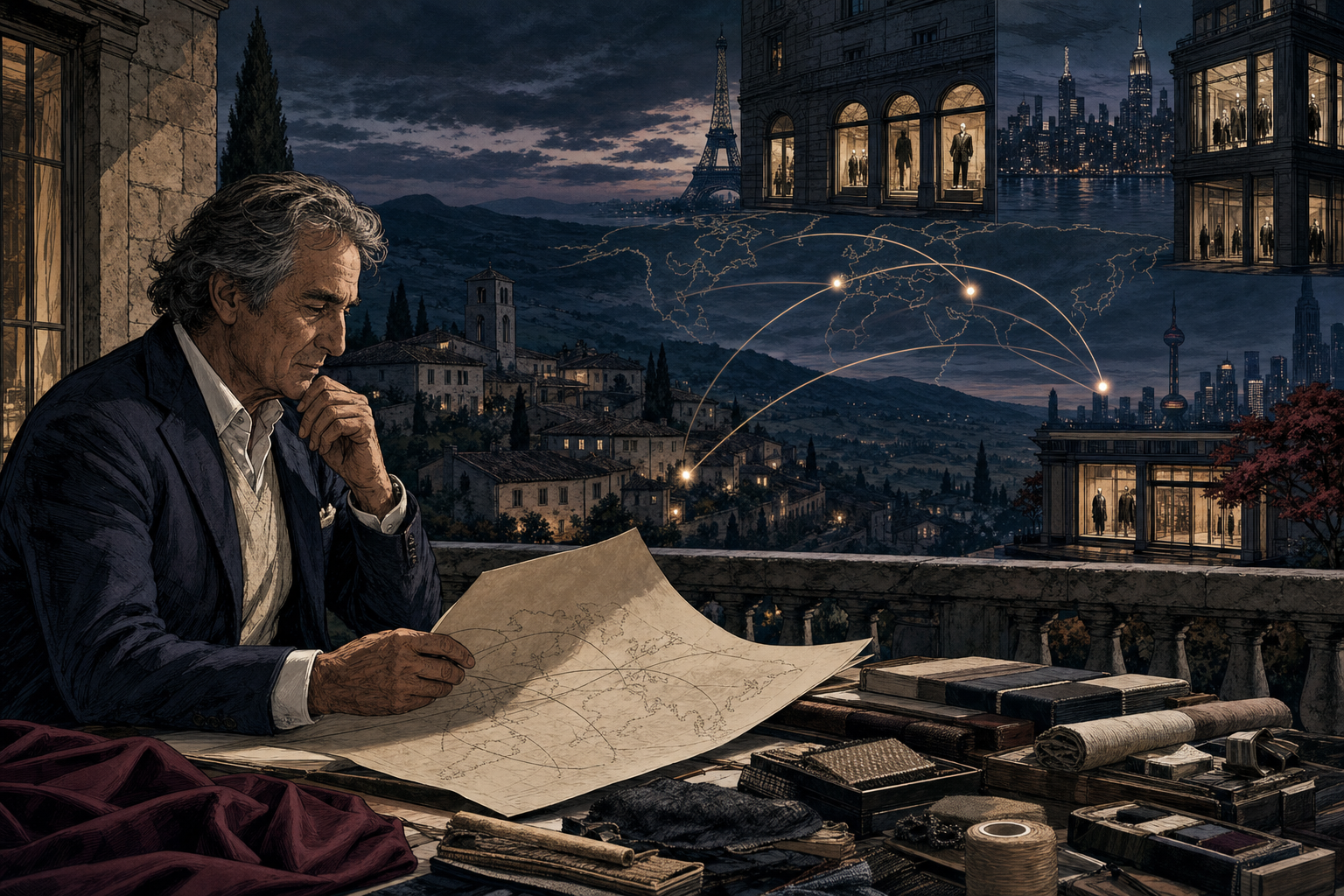 Brunello Cucinelli overlooking a global luxury network from Solomeo as boutiques and workshops connect across a map