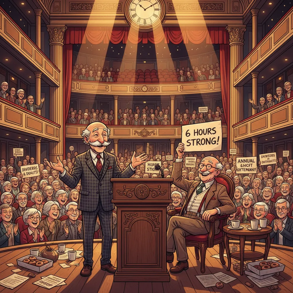 Buffett on stage with a Cherry Coke and See's Candies, answering questions for six hours