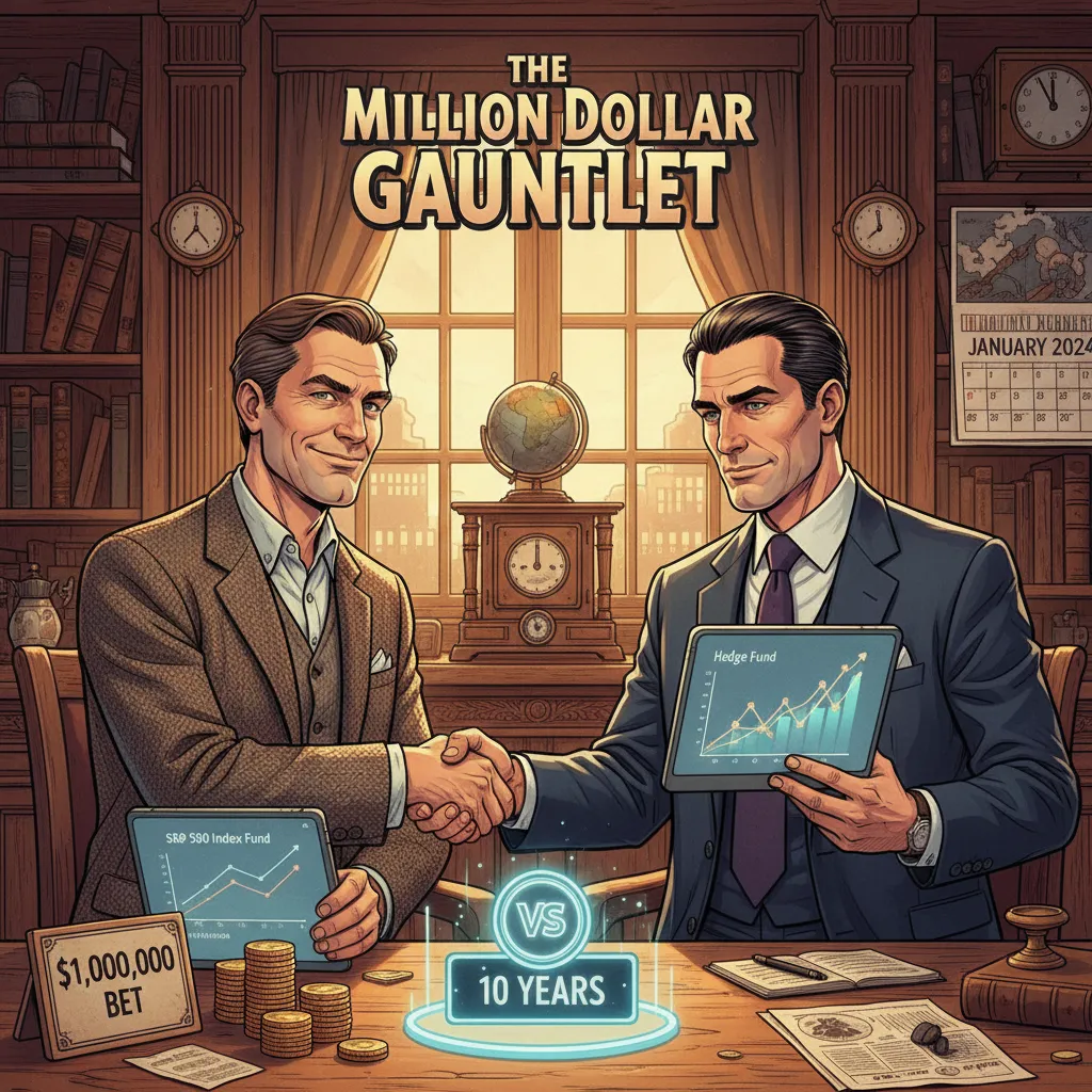 A scoreboard showing the S&P 500 crushing hedge funds over a ten-year bet — Buffett's $1M wager