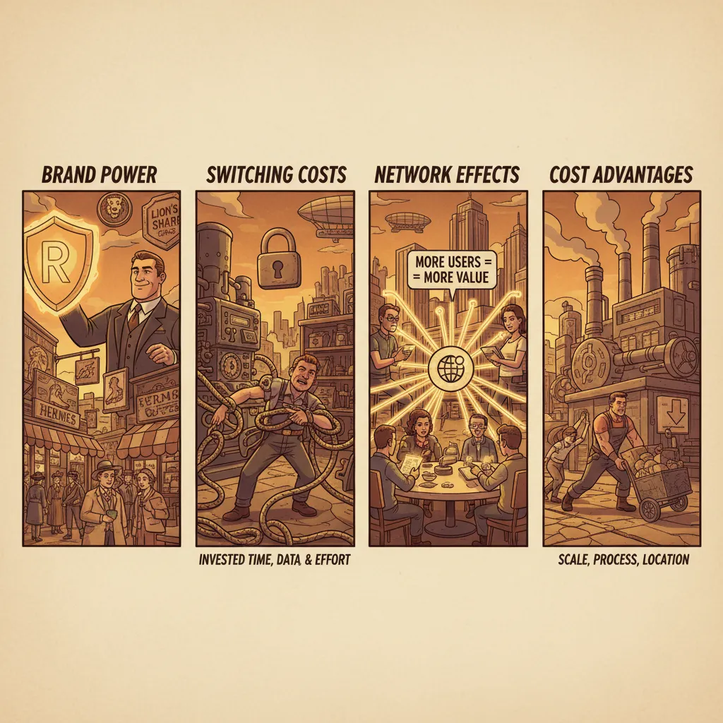 A diagram of different types of economic moats — brand, cost, switching costs, network effects