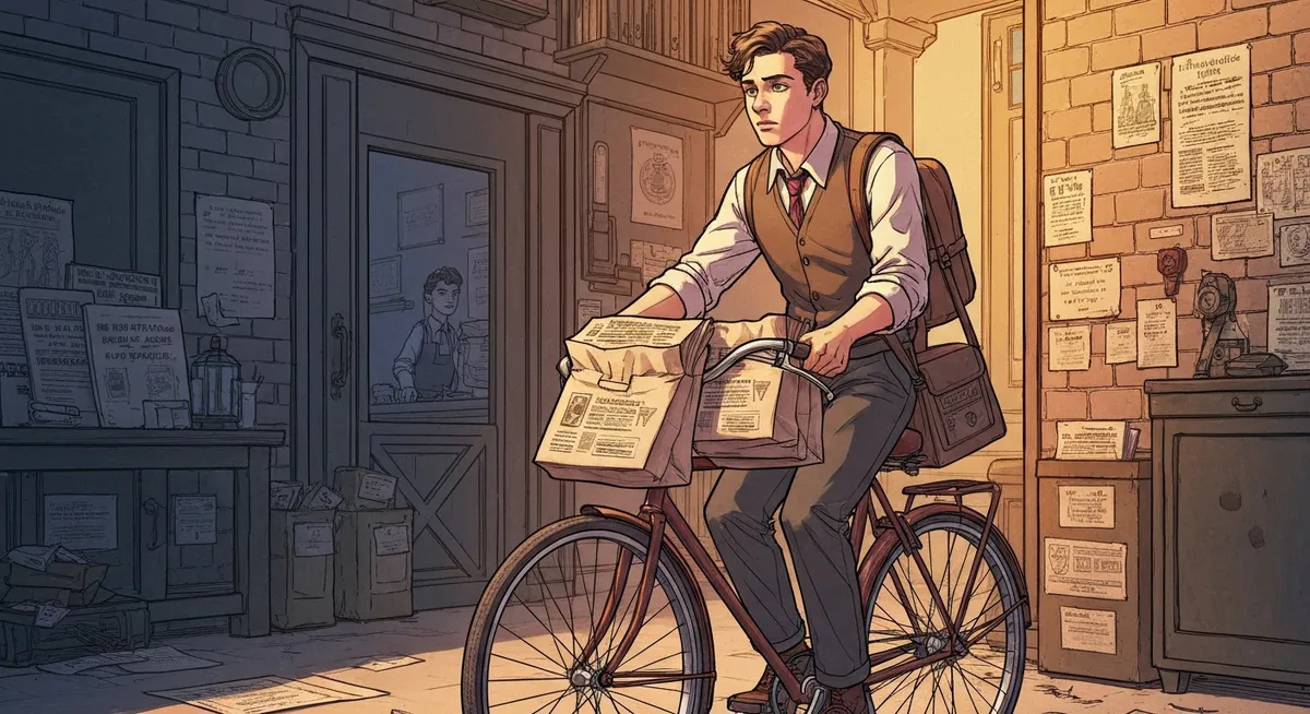 A teenager on a bicycle delivering stacks of newspapers before dawn in 1940s Washington D.C.