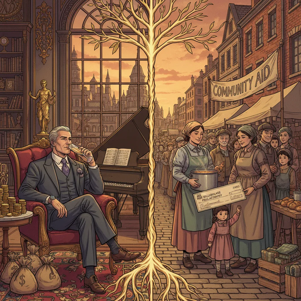 A scale balancing a pile of gold coins against a question mark — the contradictions of billionaire philanthropy