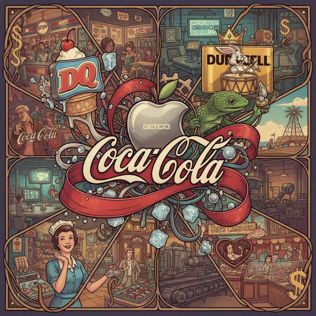 A collection of iconic brand logos — Coca-Cola, Apple, GEICO, American Express — representing Buffett's portfolio