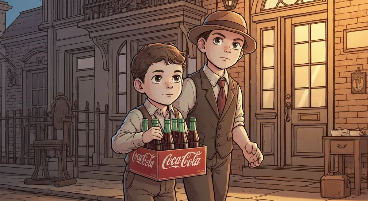 A boy selling Coca-Cola bottles door to door in a 1940s neighborhood